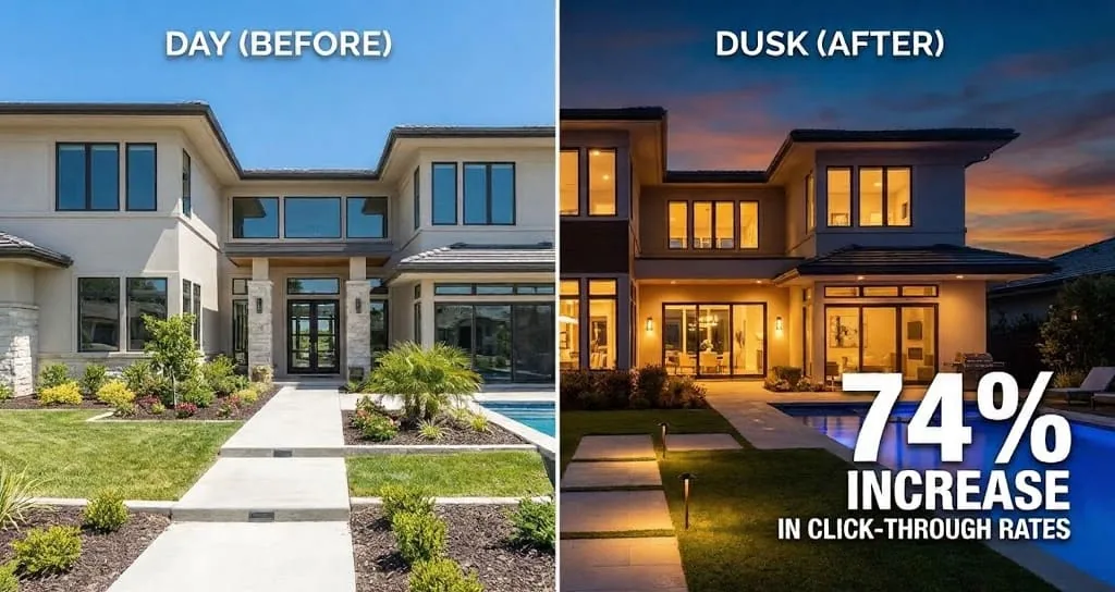 Day to dusk conversion in real estate exterior photo — before daytime and after twilight version